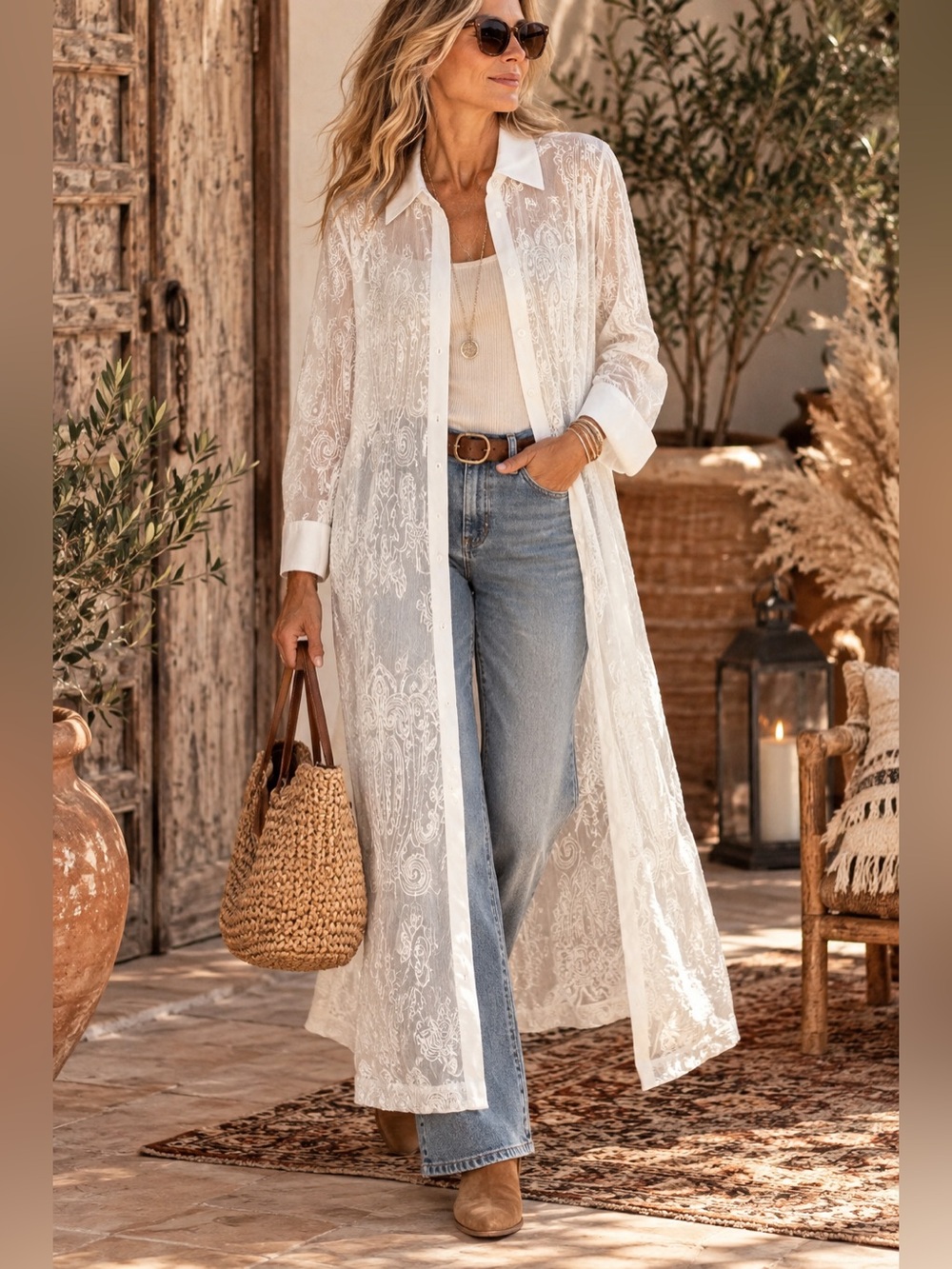 CHICO’s White Embroidered Sheer Button Down Long Shirt Topper.  US 12P-14P